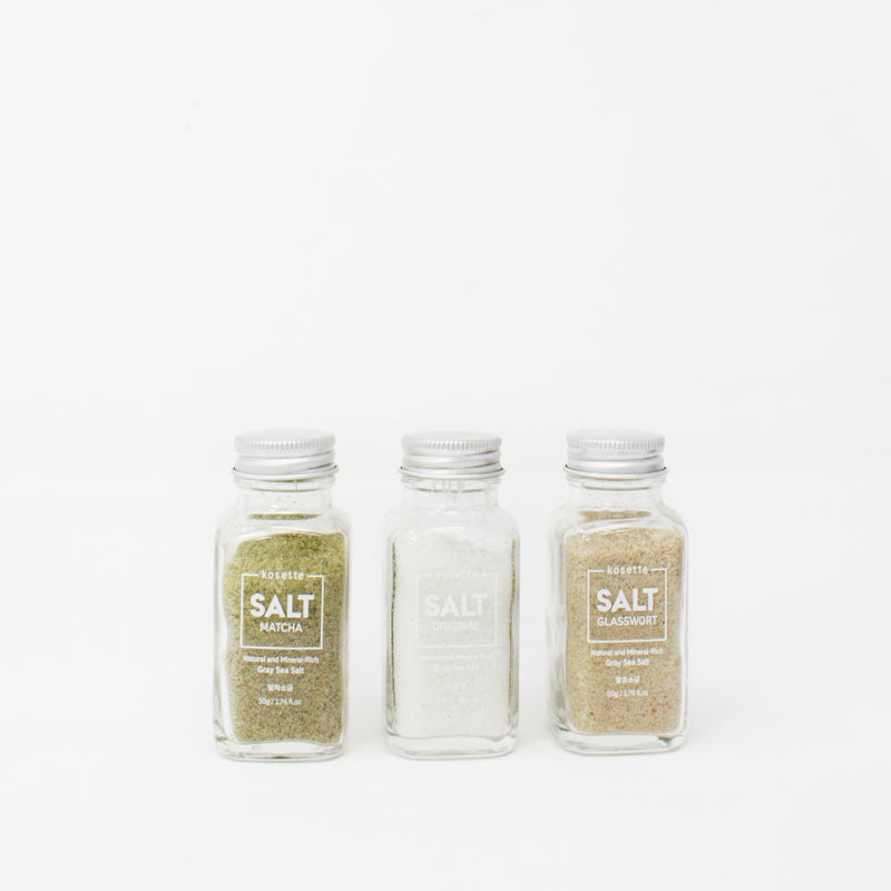  Premium Gray Sea Salt Sampler Set (Original, Matcha, Glasswort) - Kosette